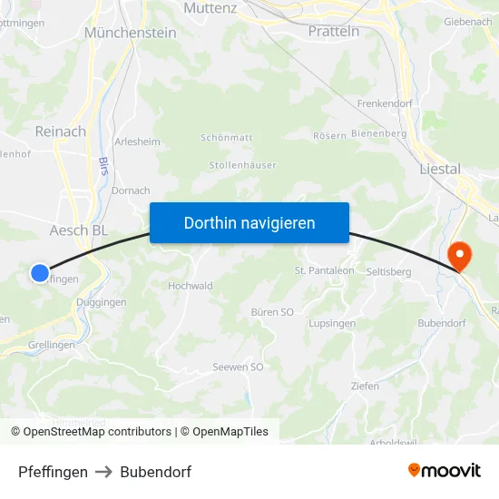 Pfeffingen to Bubendorf map