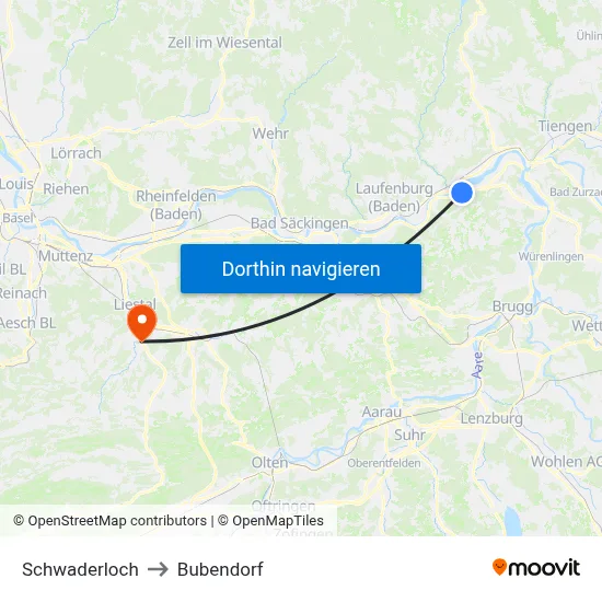 Schwaderloch to Bubendorf map