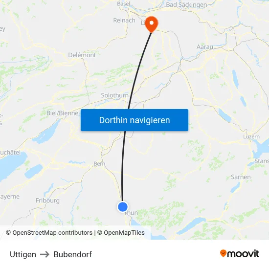 Uttigen to Bubendorf map