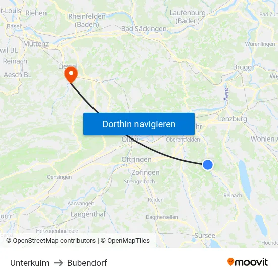Unterkulm to Bubendorf map