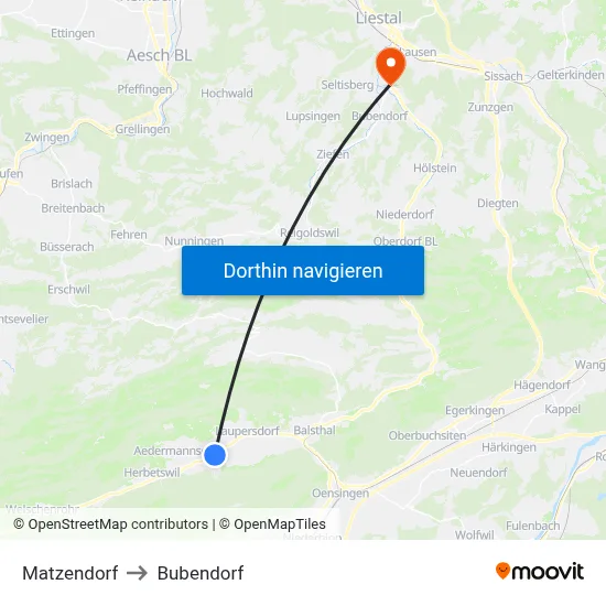 Matzendorf to Bubendorf map