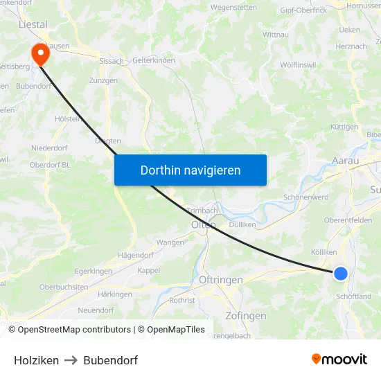 Holziken to Bubendorf map