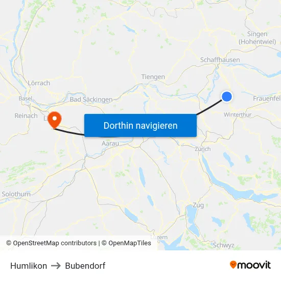 Humlikon to Bubendorf map