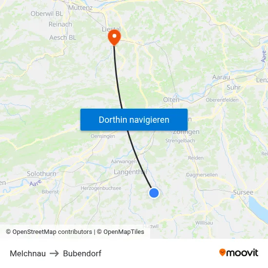 Melchnau to Bubendorf map