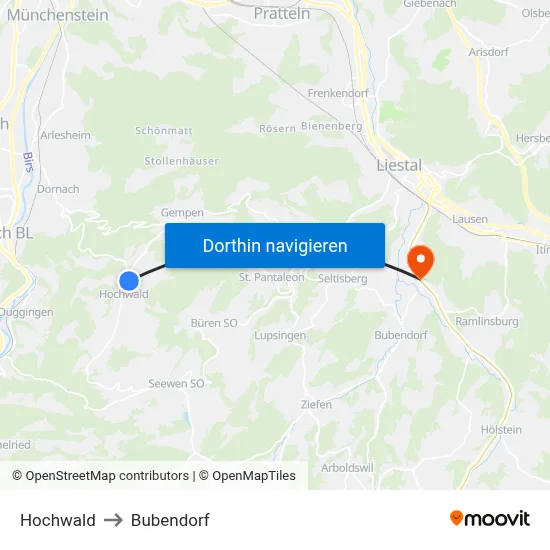 Hochwald to Bubendorf map
