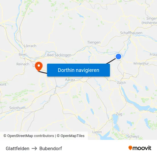 Glattfelden to Bubendorf map
