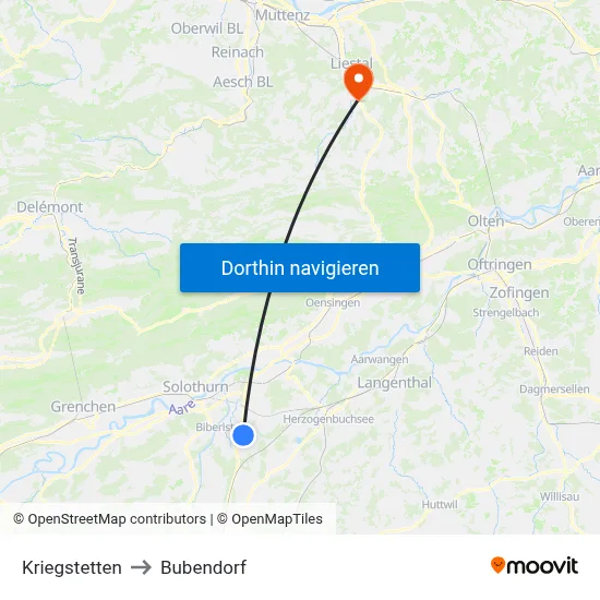 Kriegstetten to Bubendorf map