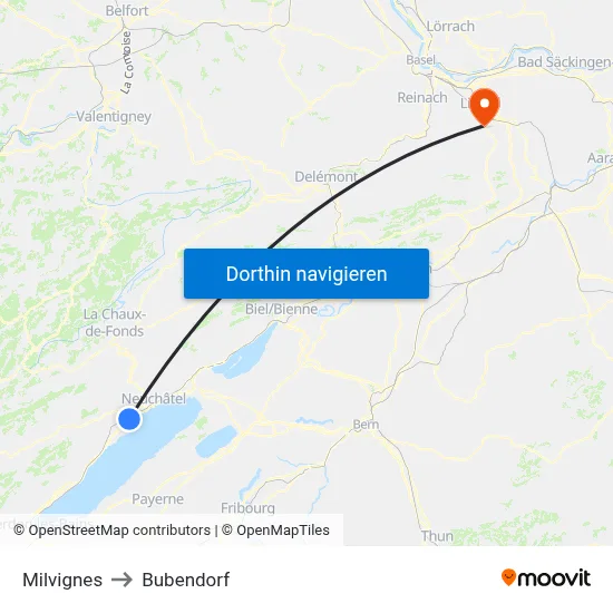 Milvignes to Bubendorf map