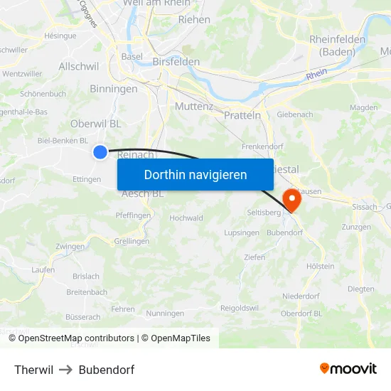 Therwil to Bubendorf map