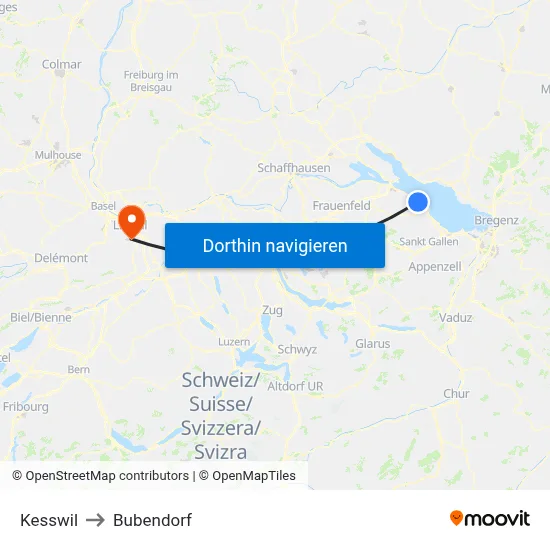 Kesswil to Bubendorf map