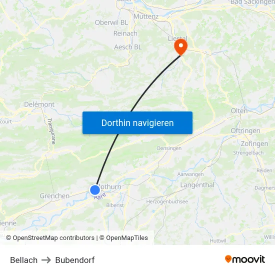 Bellach to Bubendorf map