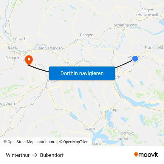 Winterthur to Bubendorf map