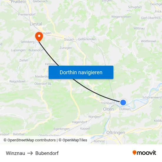 Winznau to Bubendorf map