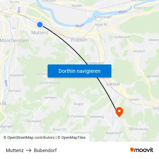 Muttenz to Bubendorf map