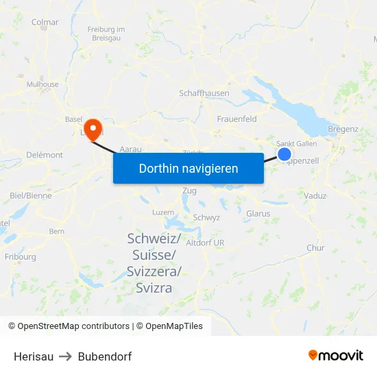 Herisau to Bubendorf map