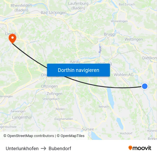 Unterlunkhofen to Bubendorf map