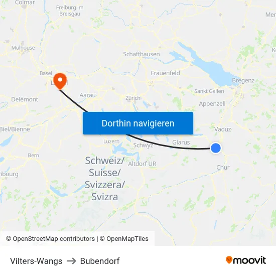 Vilters-Wangs to Bubendorf map