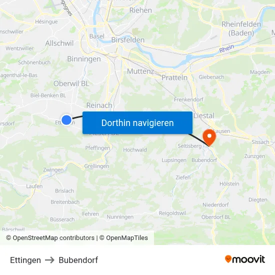 Ettingen to Bubendorf map