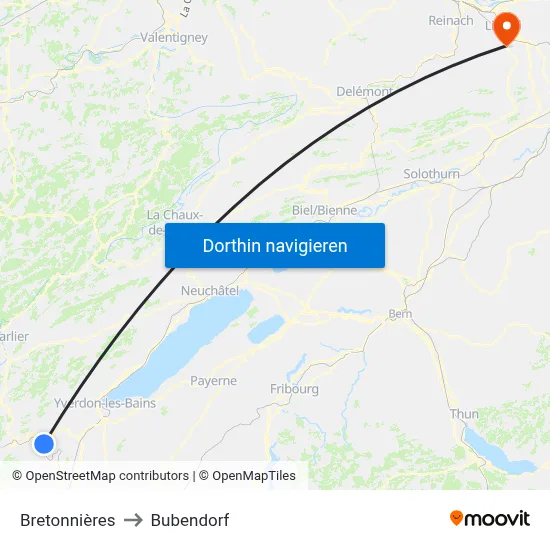 Bretonnières to Bubendorf map