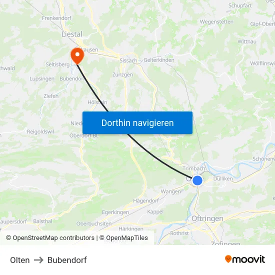 Olten to Bubendorf map