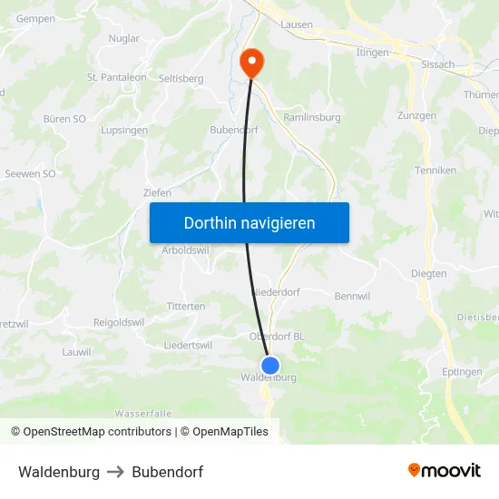 Waldenburg to Bubendorf map