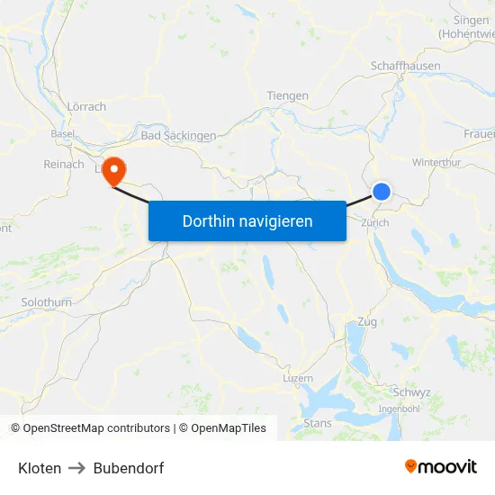 Kloten to Bubendorf map