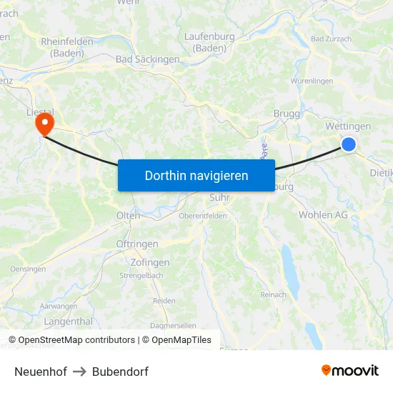 Neuenhof to Bubendorf map