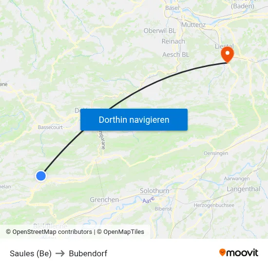 Saules (Be) to Bubendorf map