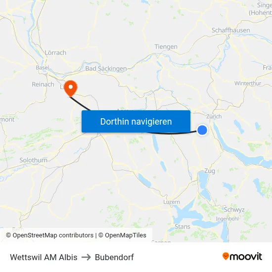 Wettswil AM Albis to Bubendorf map