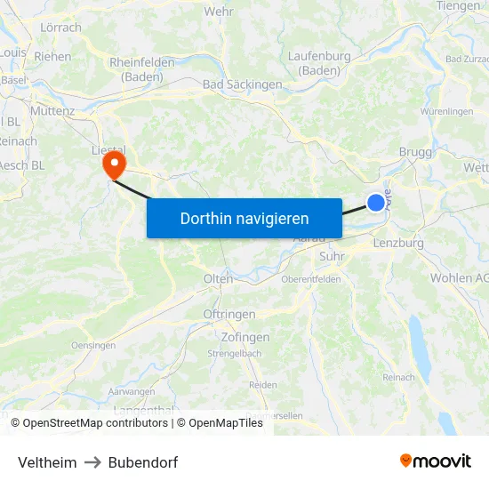 Veltheim to Bubendorf map