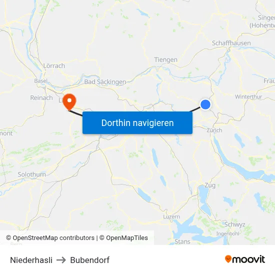Niederhasli to Bubendorf map