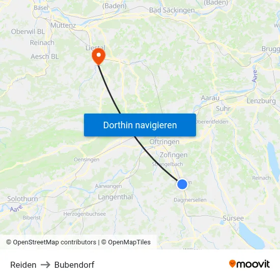 Reiden to Bubendorf map