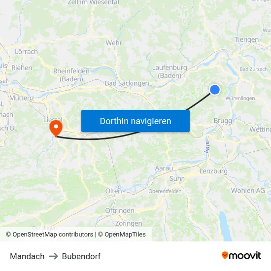 Mandach to Bubendorf map