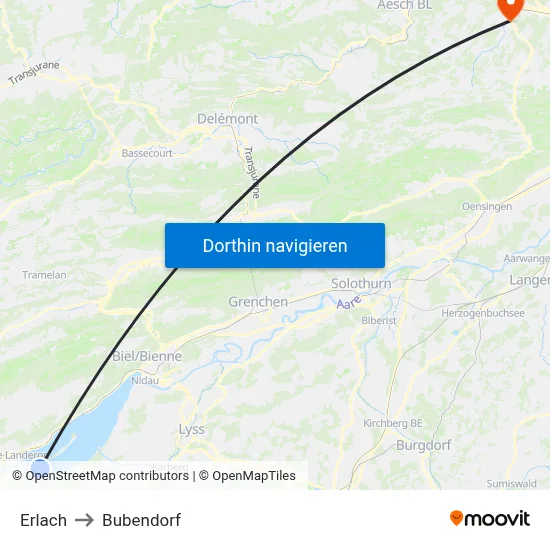 Erlach to Bubendorf map