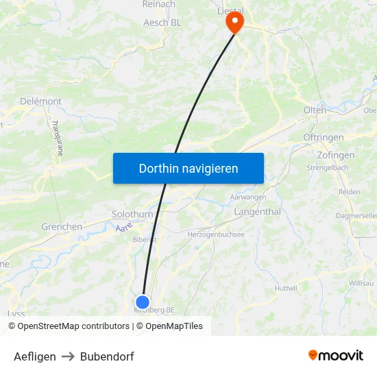 Aefligen to Bubendorf map