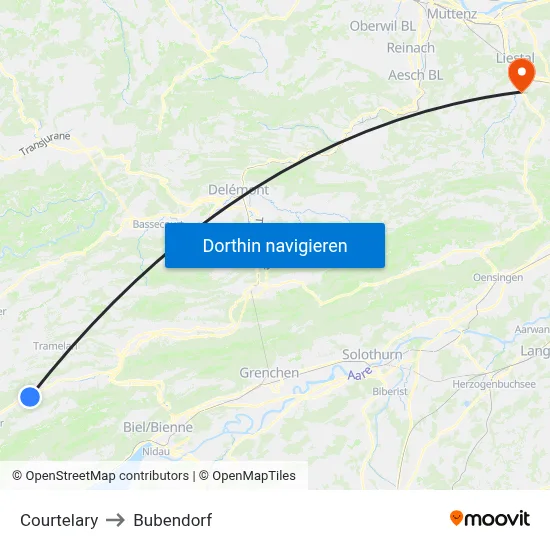 Courtelary to Bubendorf map