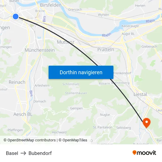 Basel to Bubendorf map