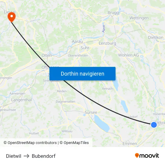Dietwil to Bubendorf map