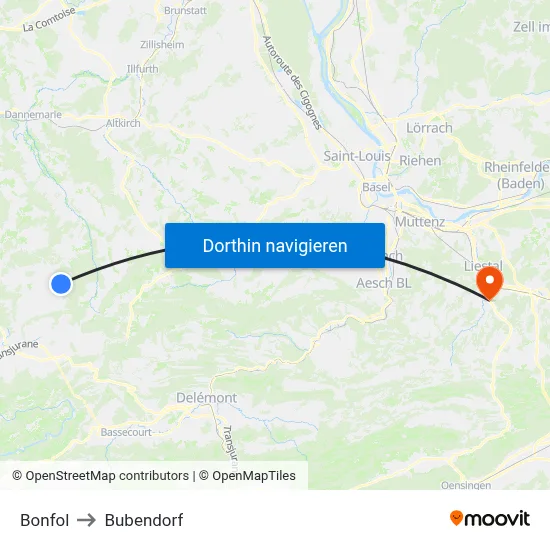 Bonfol to Bubendorf map