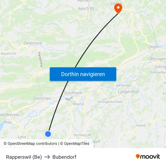 Rapperswil (Be) to Bubendorf map
