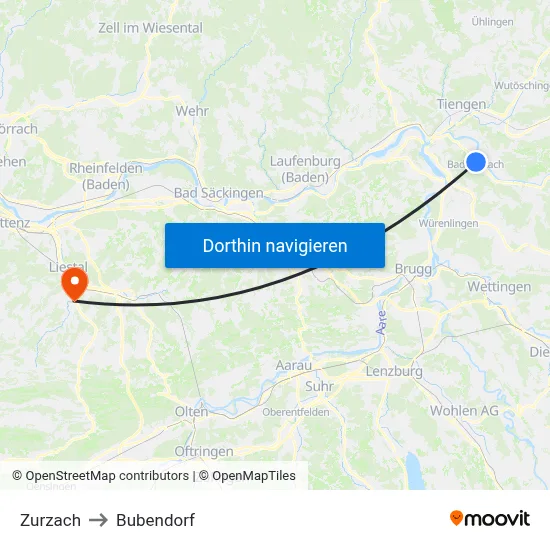 Zurzach to Bubendorf map