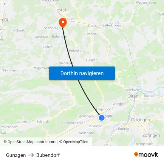 Gunzgen to Bubendorf map