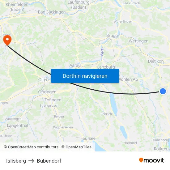 Islisberg to Bubendorf map
