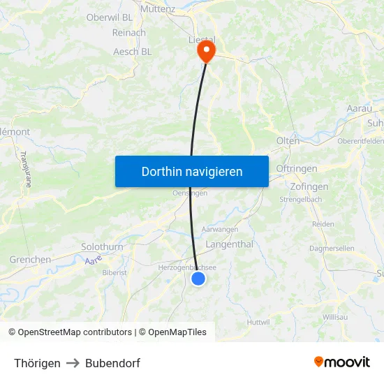 Thörigen to Bubendorf map