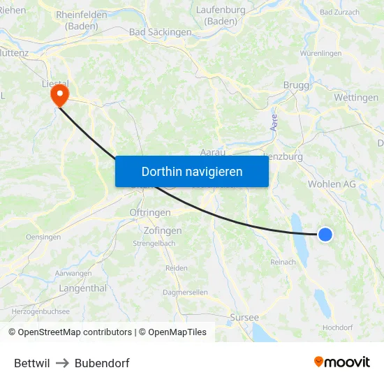 Bettwil to Bubendorf map