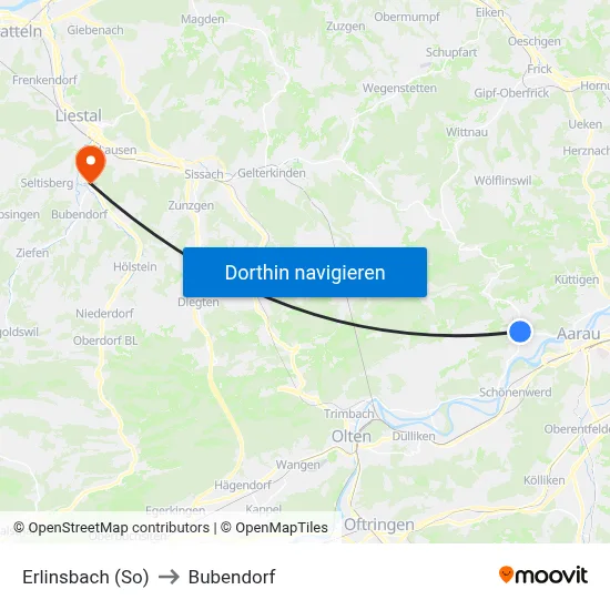 Erlinsbach (So) to Bubendorf map