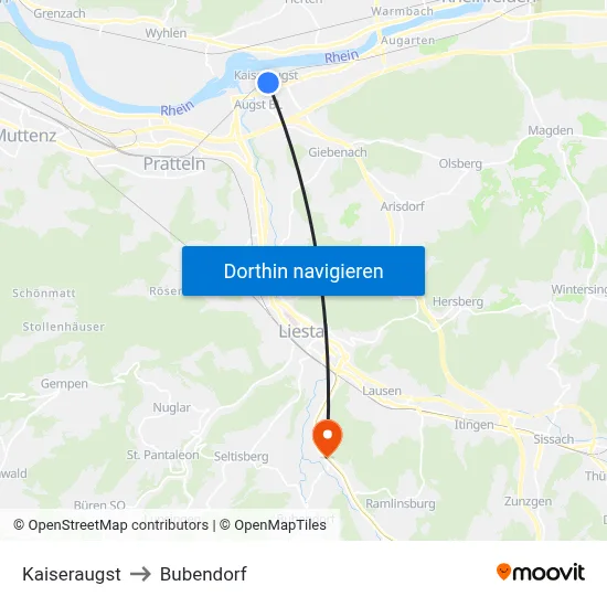 Kaiseraugst to Bubendorf map