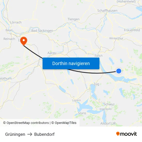 Grüningen to Bubendorf map