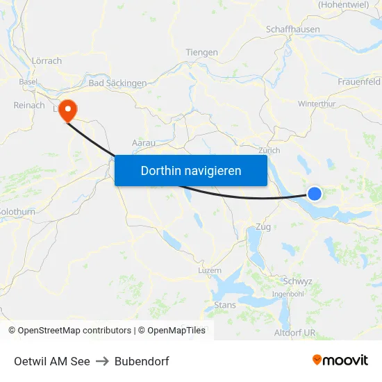 Oetwil AM See to Bubendorf map