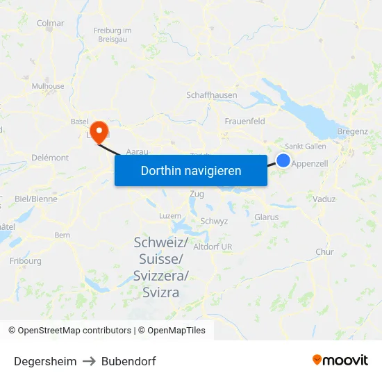 Degersheim to Bubendorf map